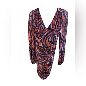 ASOS Orange & Purple Abstract Ruched Long Sleeve Dress